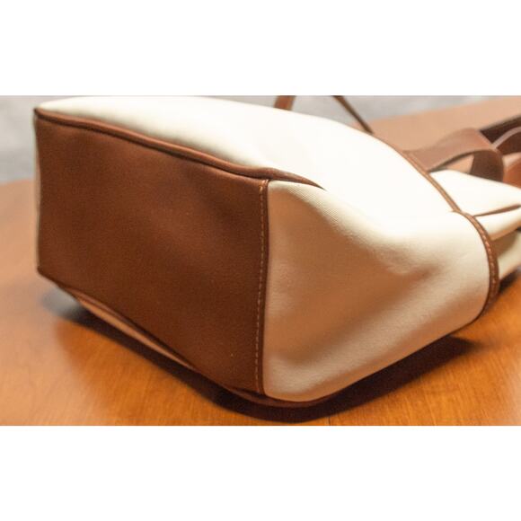 Medium White Brown Purse Shoulder Satchel Bag Vintage Roomy 3 Compartments - Picture 5 of 6